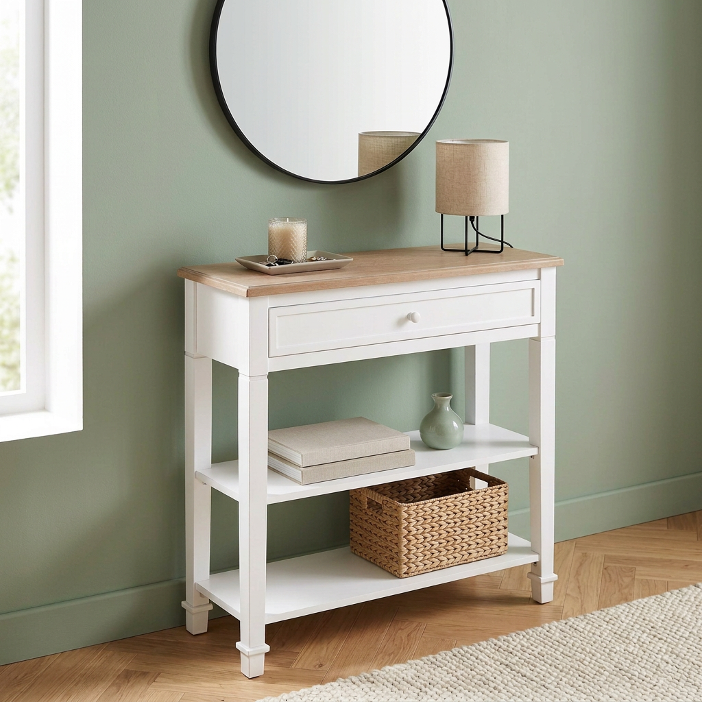 Entrée vert sauge avec objets déco