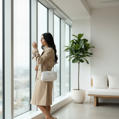 Femme ajustant le sac près d'une fenêtre