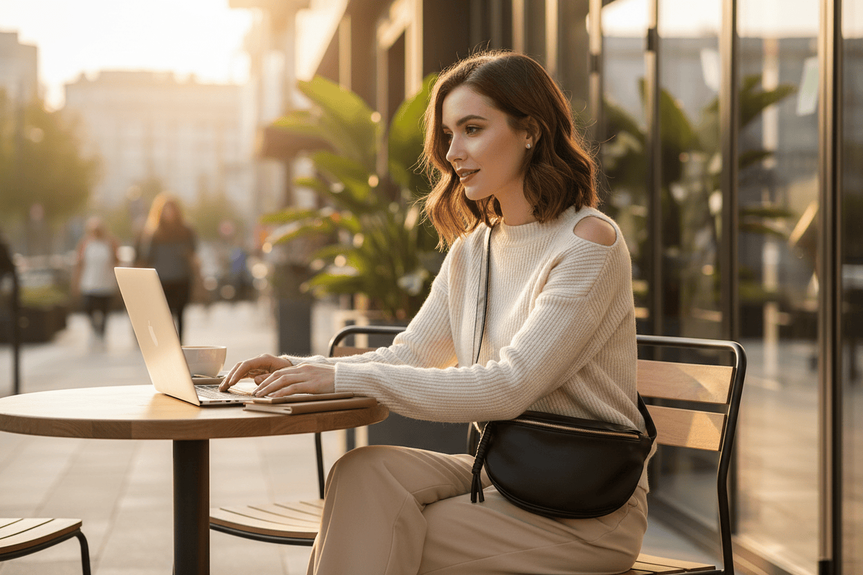 Femme au café avec le sac sur l'épaule