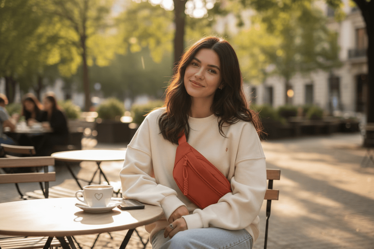 Femme au café avec le sac