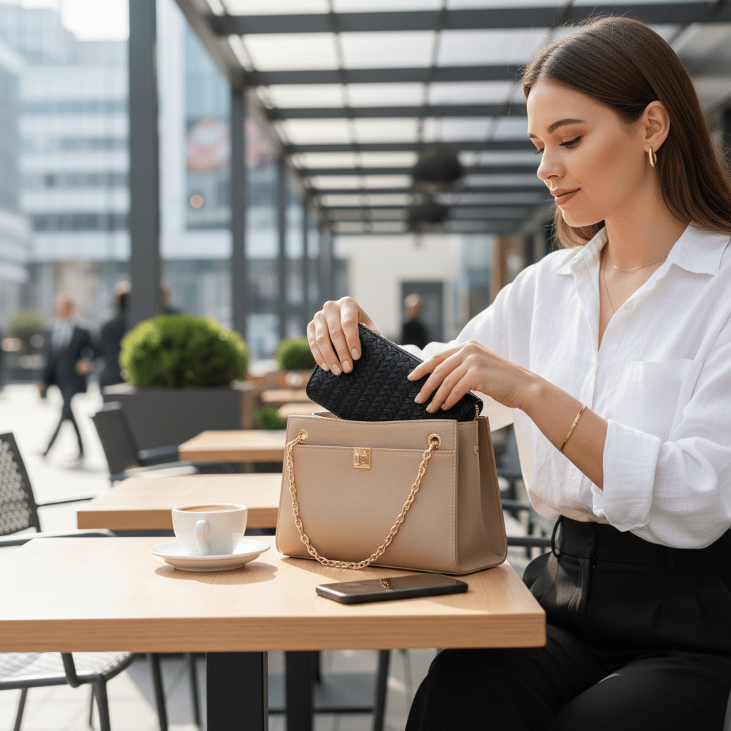 Femme au café avec portefeuille noir