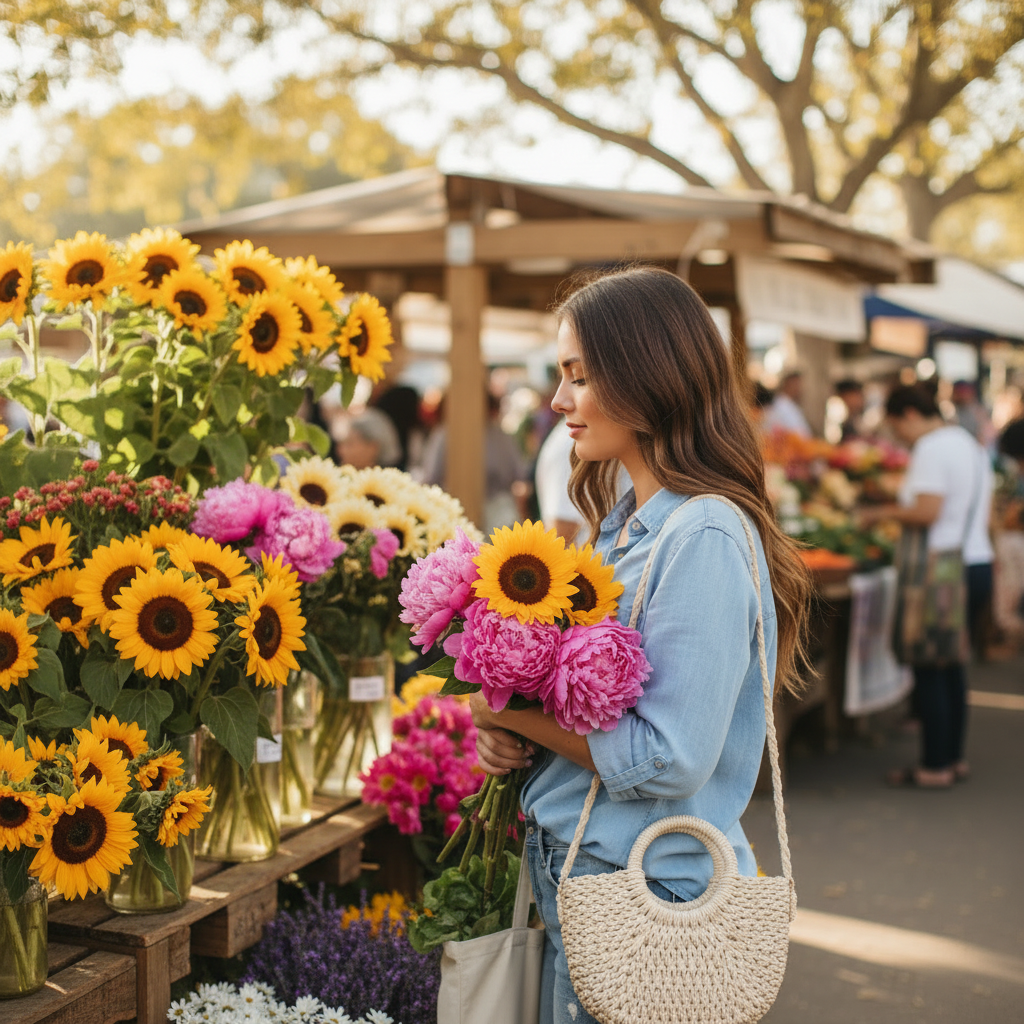 Femme au marché avec des fleurs