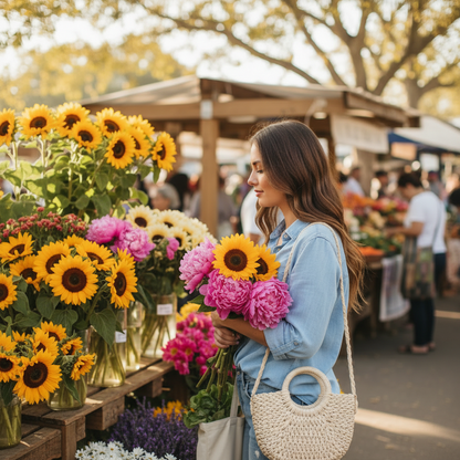 Femme au marché avec des fleurs