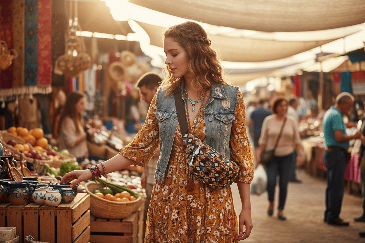 Femme avec le sac à motifs géométriques au marché