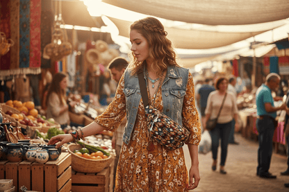 Femme avec le sac à motifs géométriques au marché
