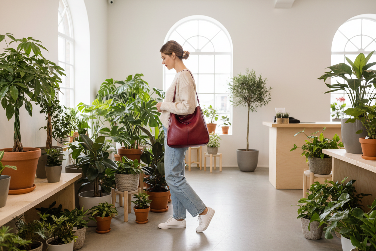 Femme avec sac bordeaux dans plant shop