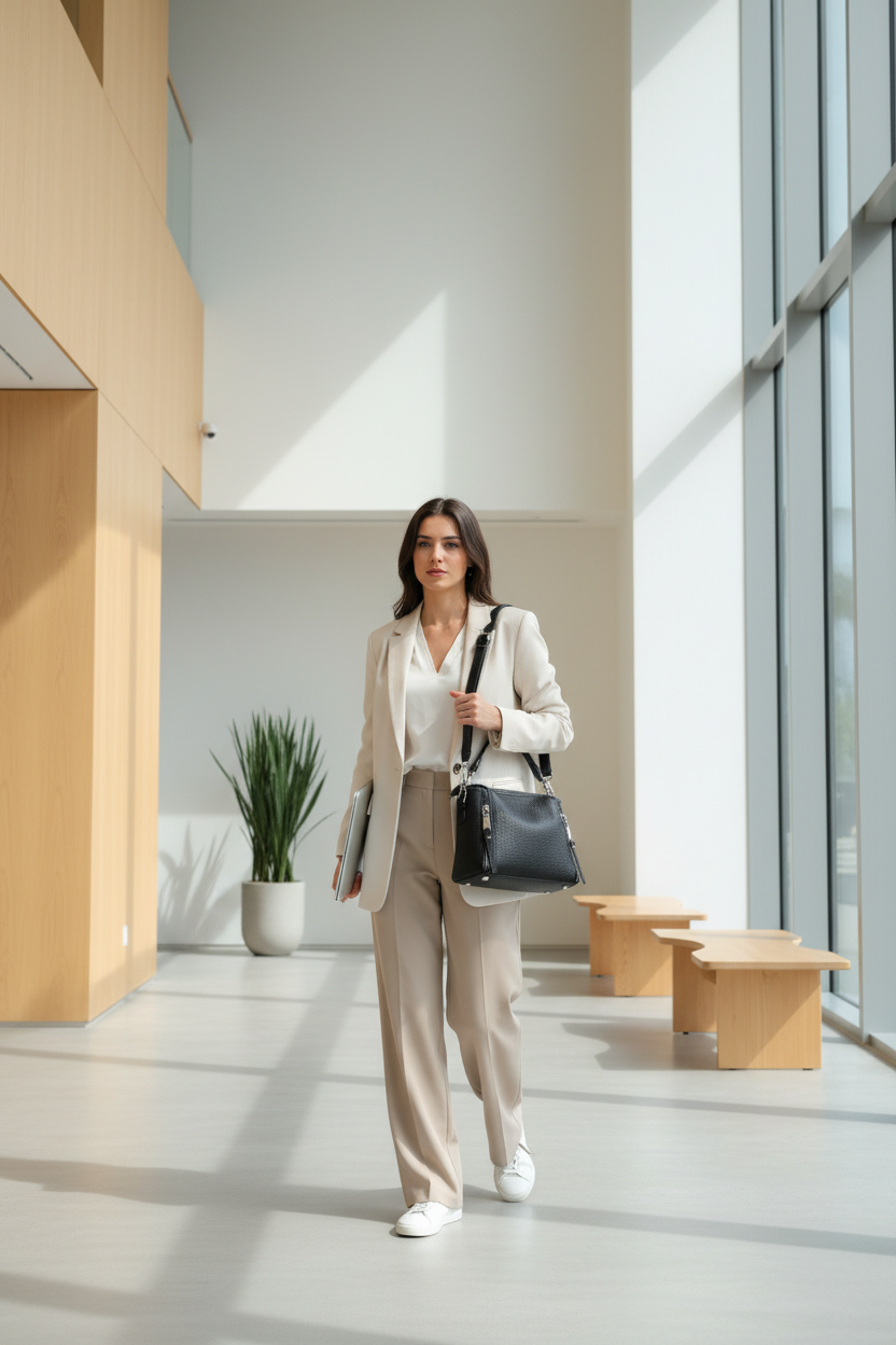 Femme avec sac noir en lobby