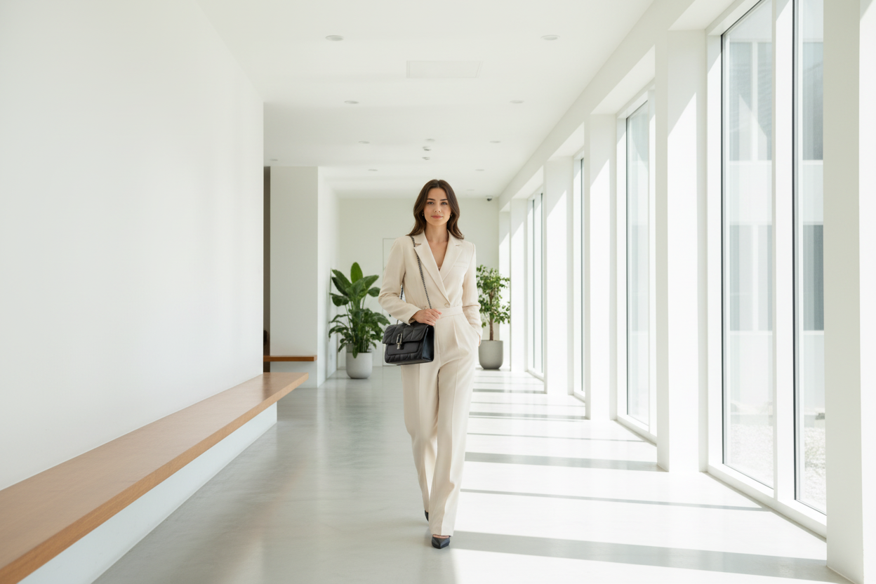 Femme dans couloir minimaliste