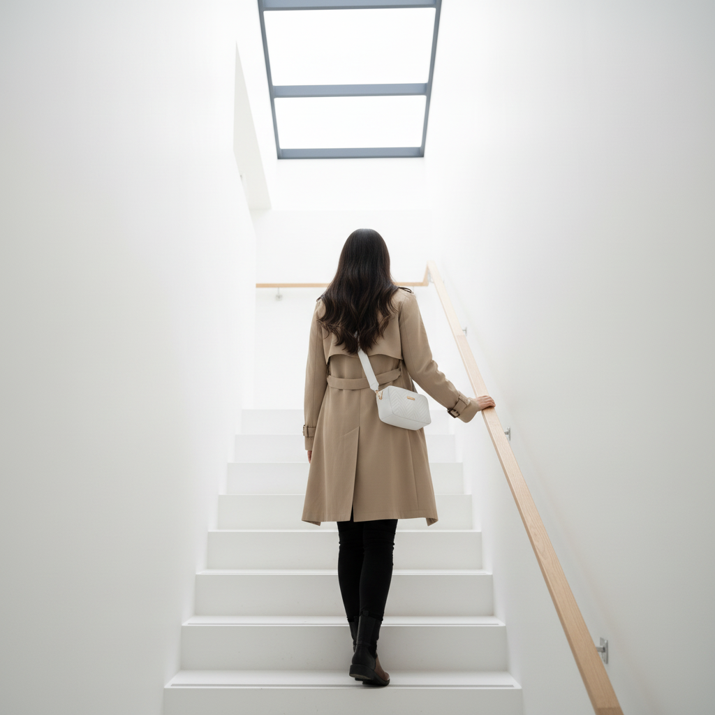 Femme dans l'escalier avec sac