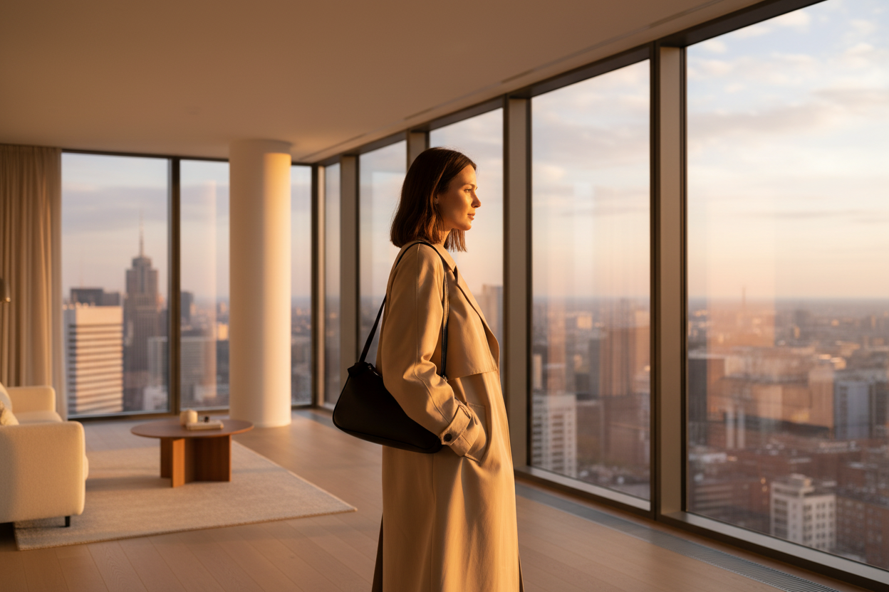 Femme devant fenêtres panoramiques avec le sac