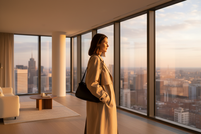 Femme devant fenêtres panoramiques avec le sac