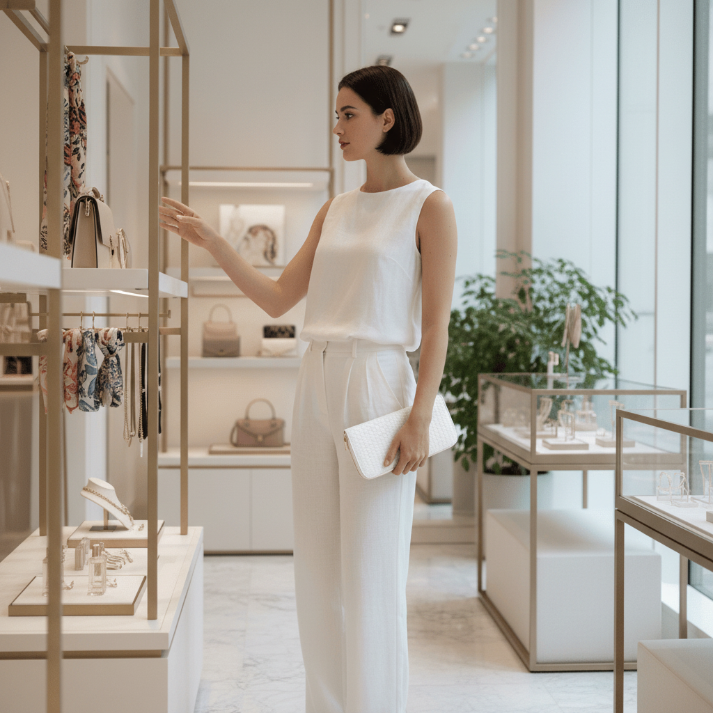 Femme en boutique avec portefeuille blanc