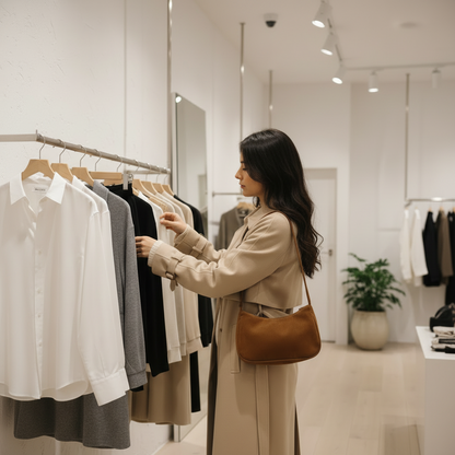 Femme en boutique avec sac marron