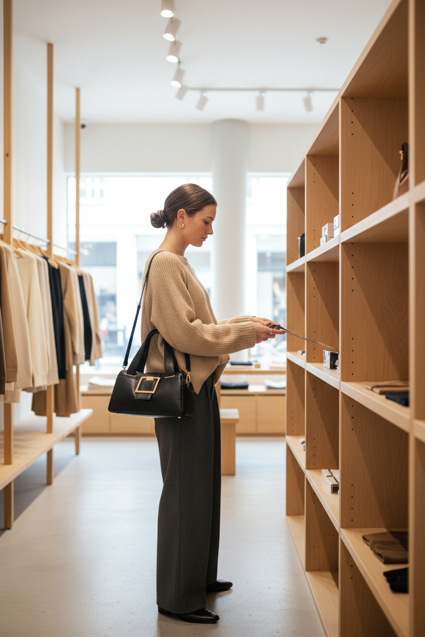 Femme en boutique avec sac noir
