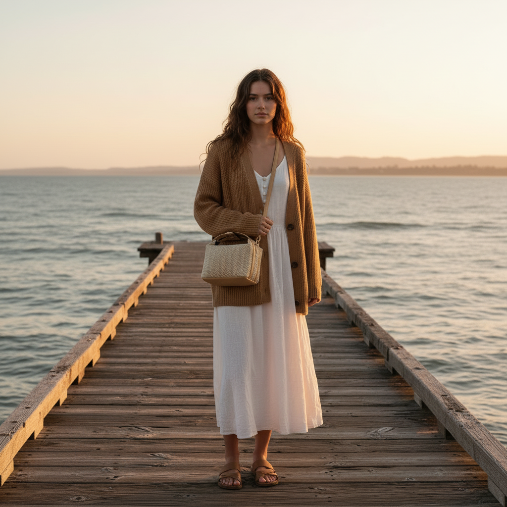 Femme en cardigan camel sur une jetée