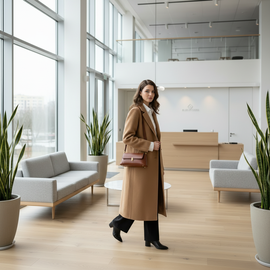 Femme en manteau camel dans un lobby moderne
