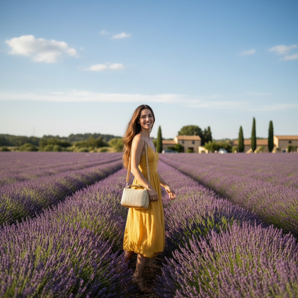 Femme en robe jaune dans un champ de lavande