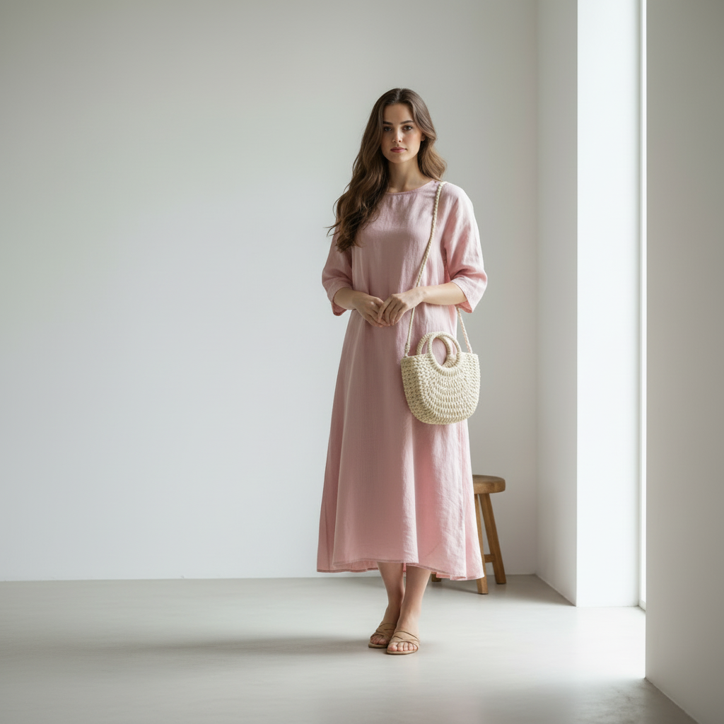Femme en robe rose dans un intérieur minimaliste