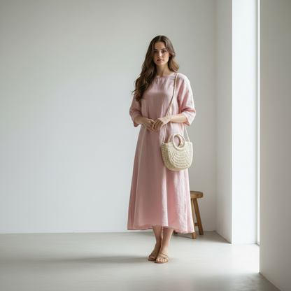 Femme en robe rose dans un intérieur minimaliste
