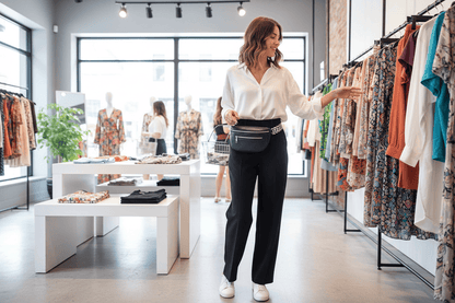 Femme en shopping avec le sac à la taille