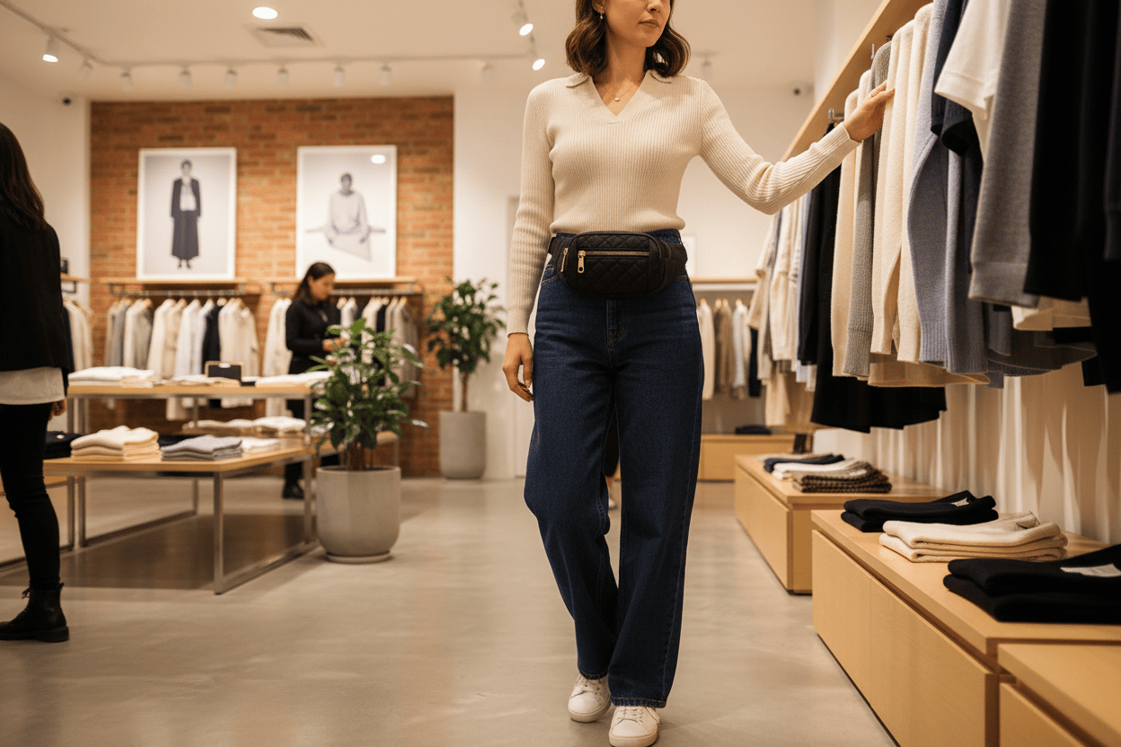 Femme en shopping avec le sac à la taille
