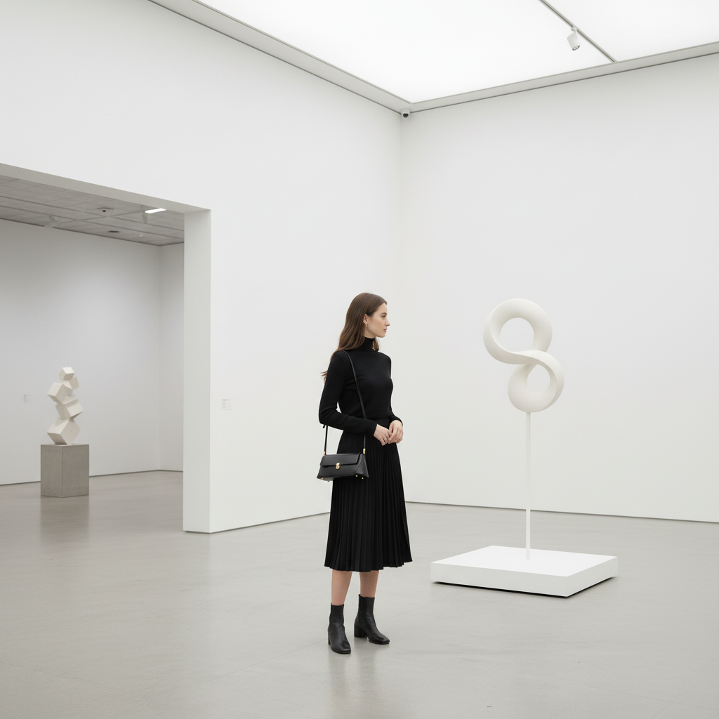 Femme en tenue noire dans une galerie d'art