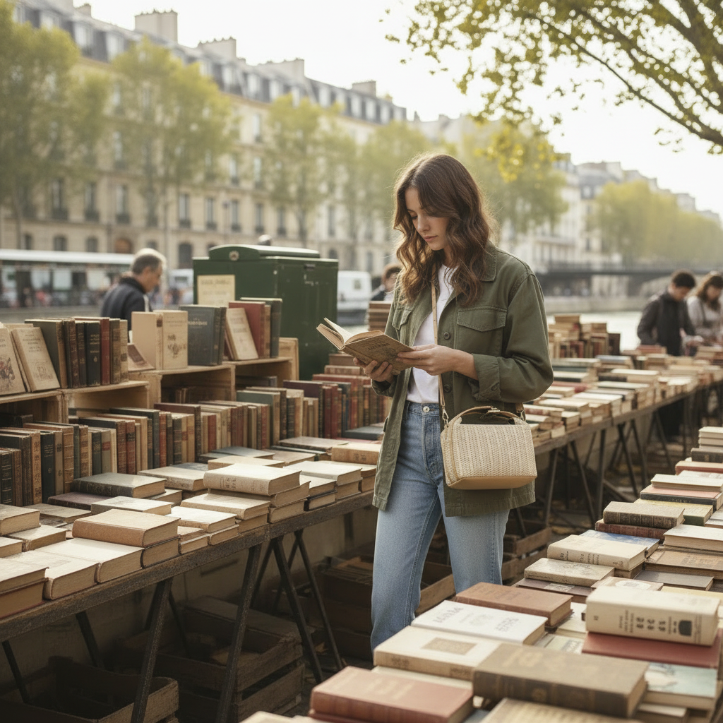 Femme en veste olive à un étal de livres