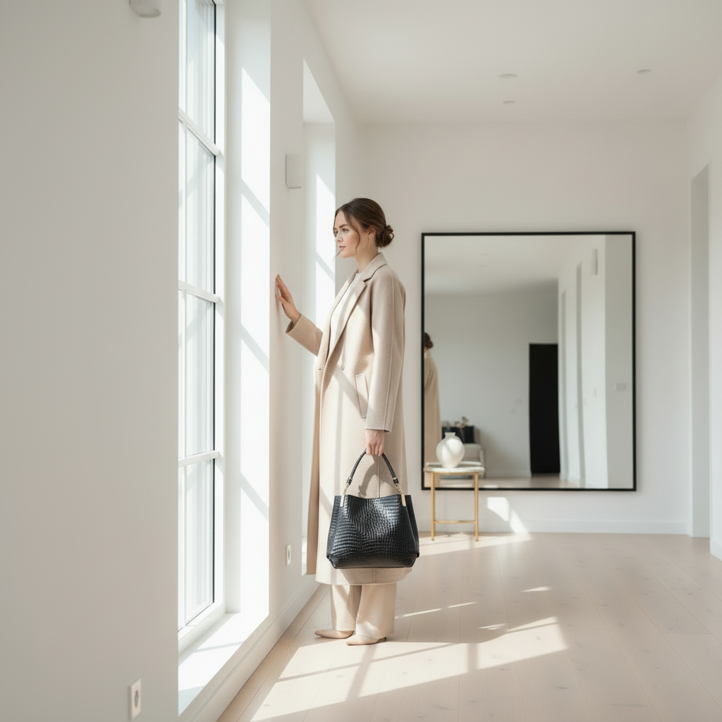 Femme à la fenêtre avec le sac