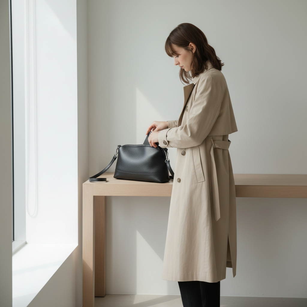Femme à la maison avec le sac noir