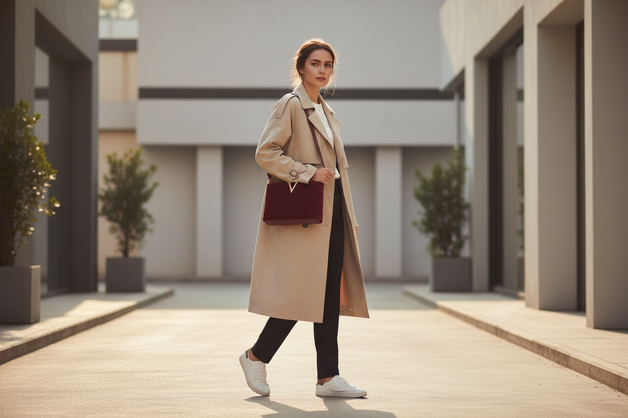 Femme marchant avec sac bordeaux