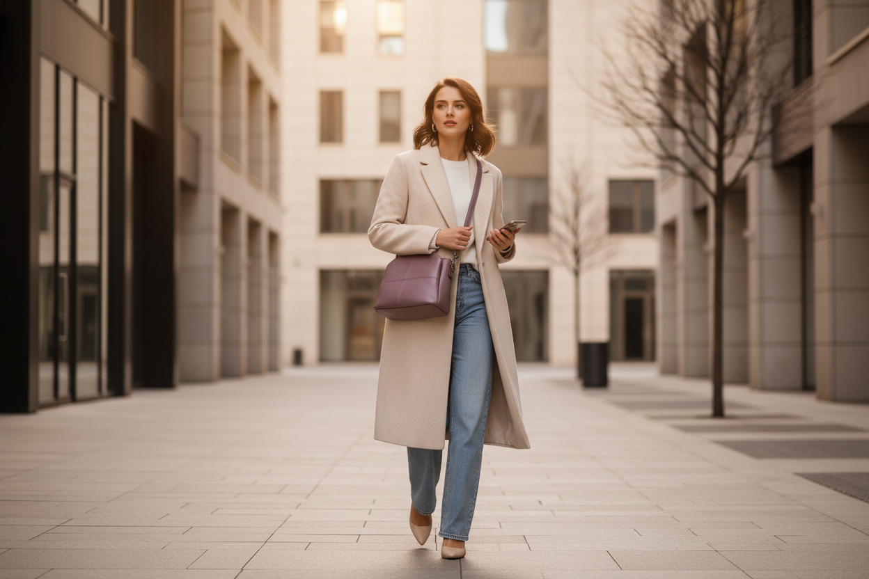 Femme marchant avec sac mauve