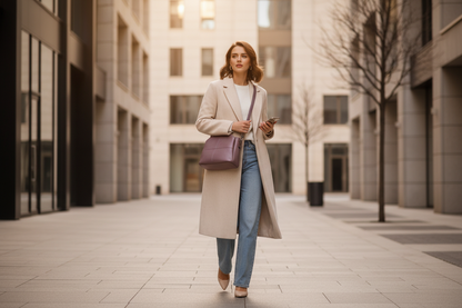 Femme marchant avec sac mauve
