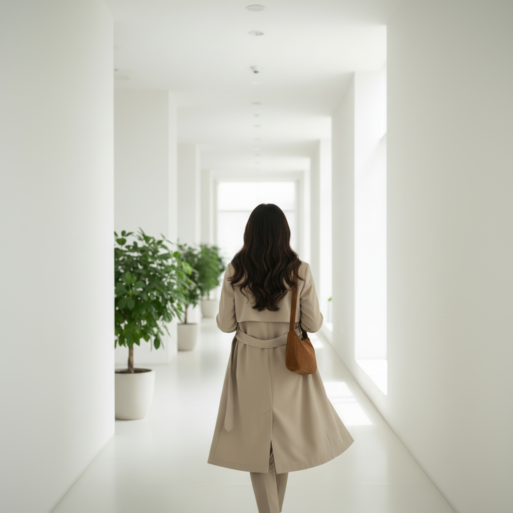 Femme marchant dans couloir avec plantes
