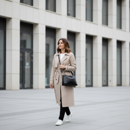 Femme marchant en ville avec le sac noir