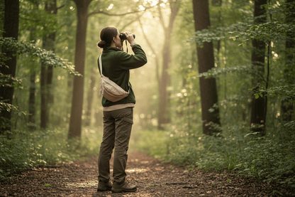 Femme observant les oiseaux avec le sac