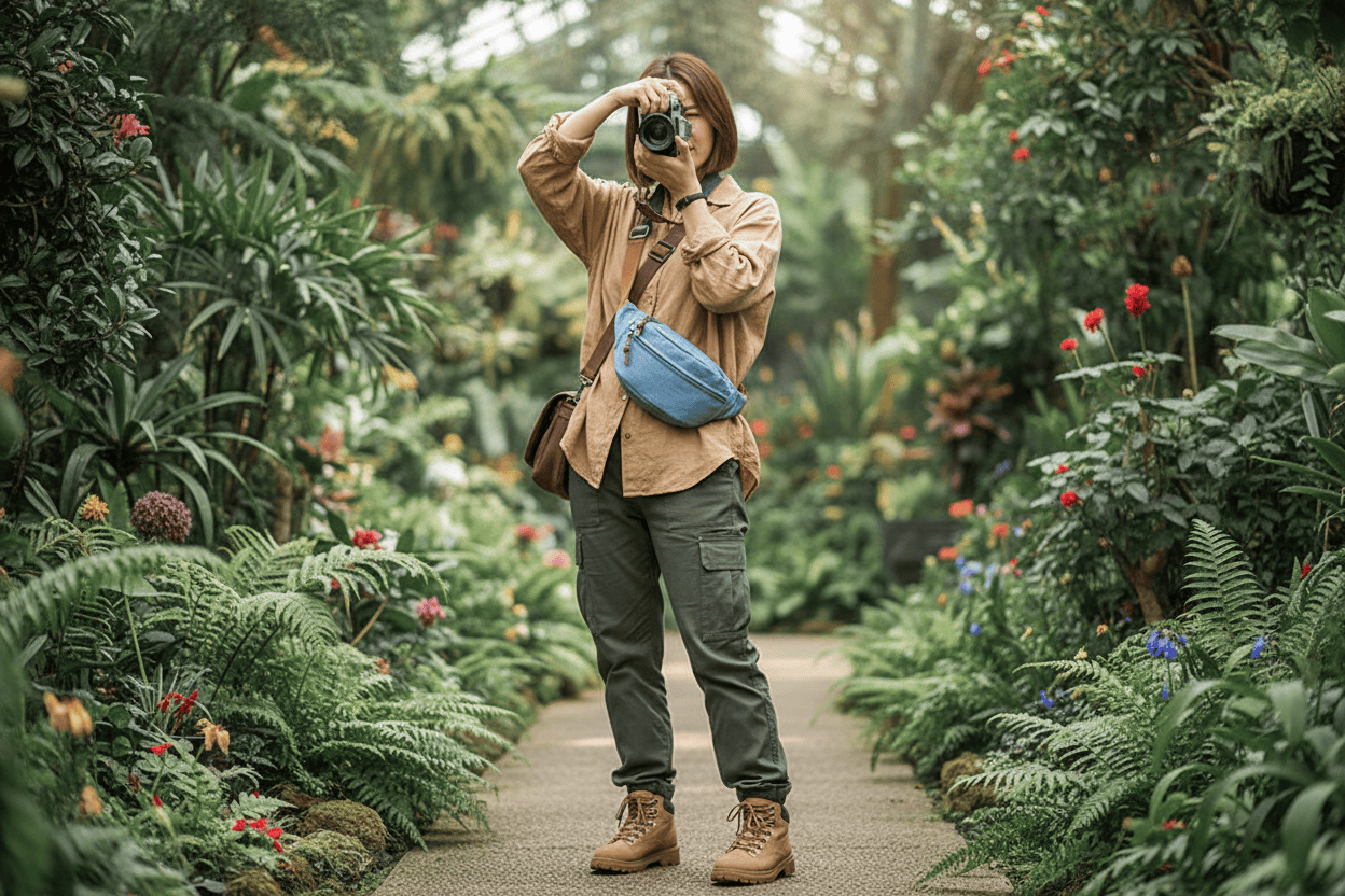 Femme photographe avec le sac en denim