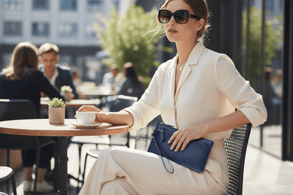 Femme pochette bleue terrasse