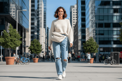 Femme portant le sac banane beige en ville