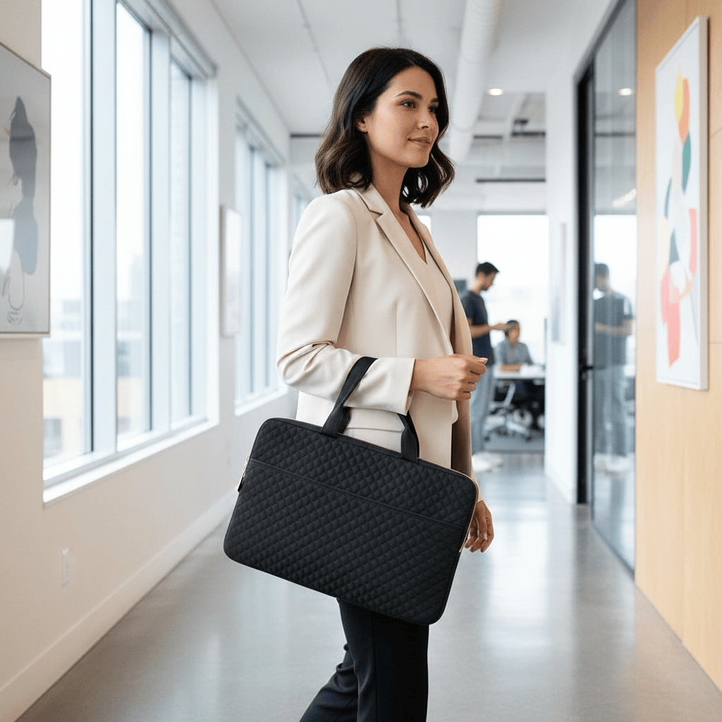 Femme portant sacoche matelassée noire par les poignées