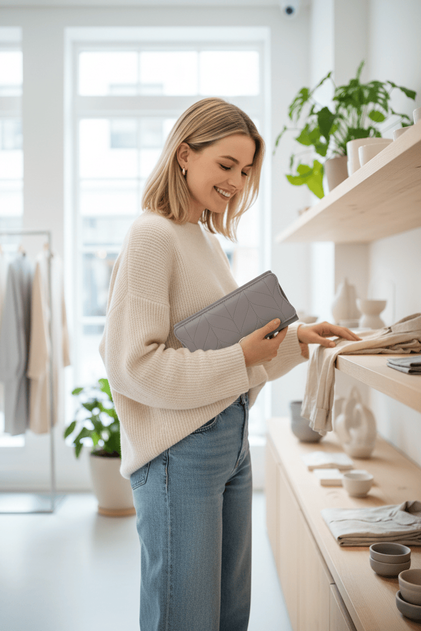 Femme shopping avec portefeuille gris