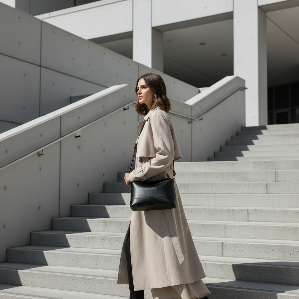 Femme sur escaliers avec le sac noir
