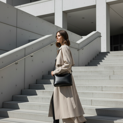 Femme sur escaliers avec le sac noir
