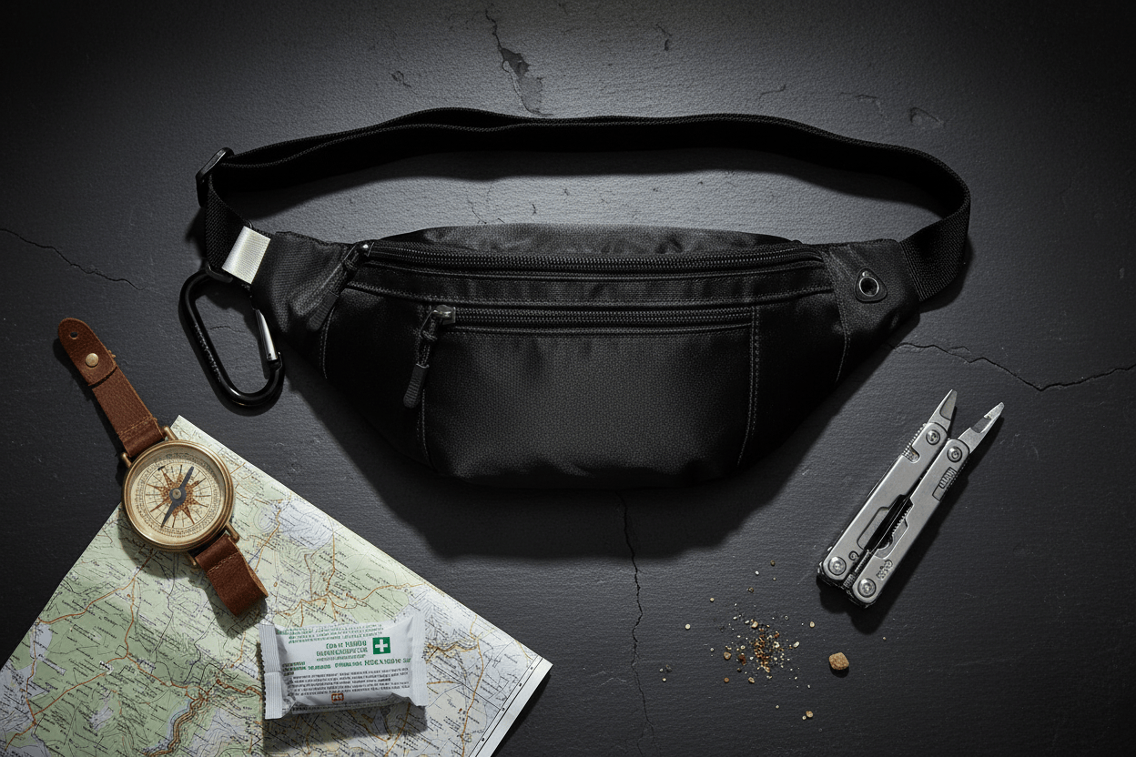 Flat lay du sac avec accessoires d'aventure