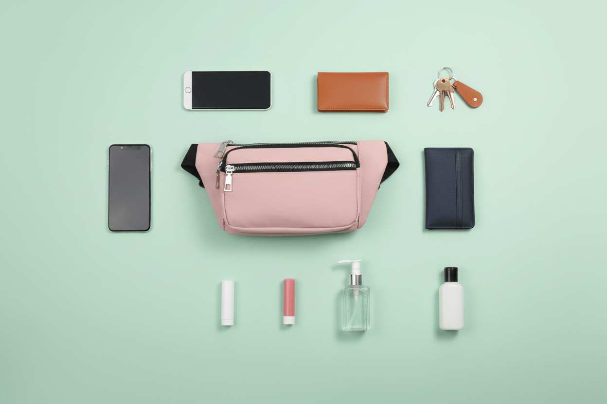 Flat lay du sac avec accessoires quotidiens