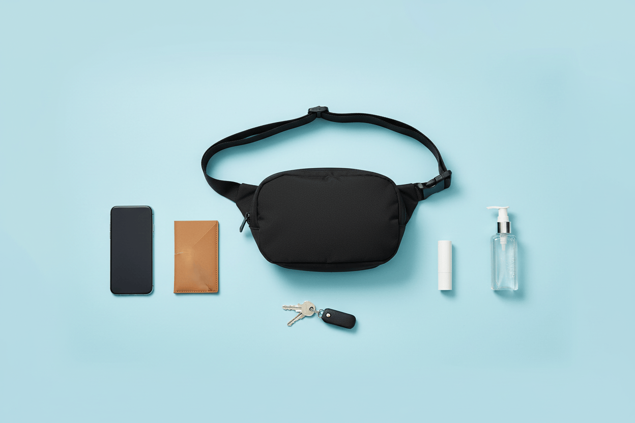 Flat lay du sac avec accessoires quotidiens