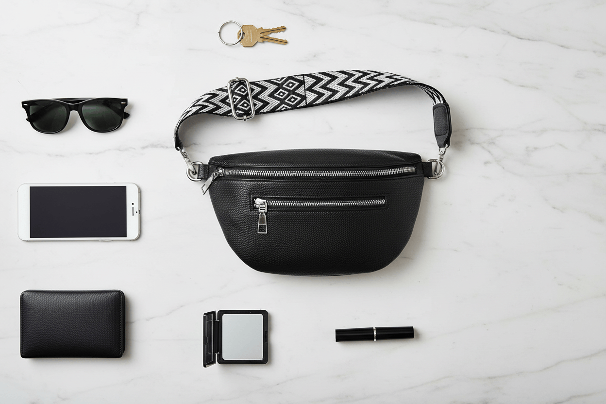 Flat lay du sac avec accessoires sur marbre