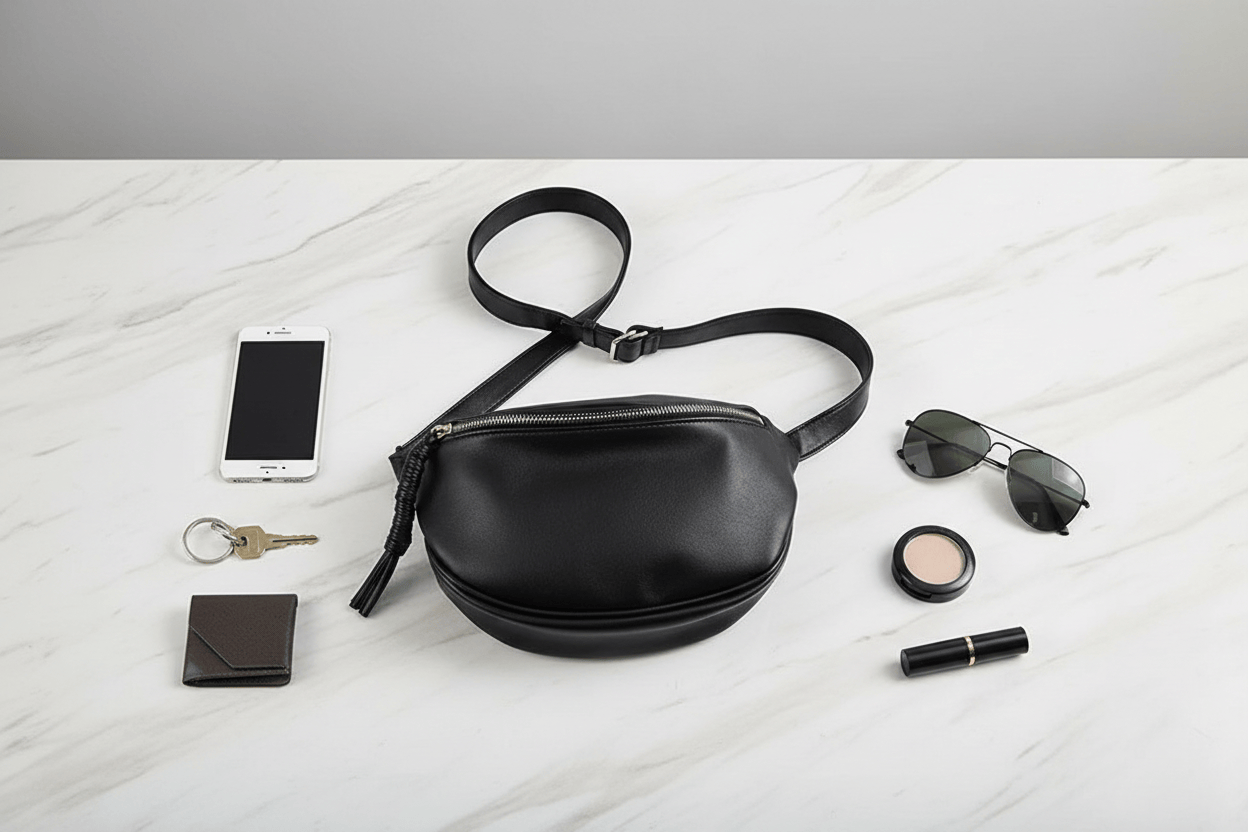 Flat lay du sac avec accessoires sur marbre