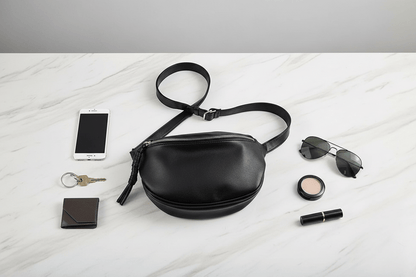 Flat lay du sac avec accessoires sur marbre