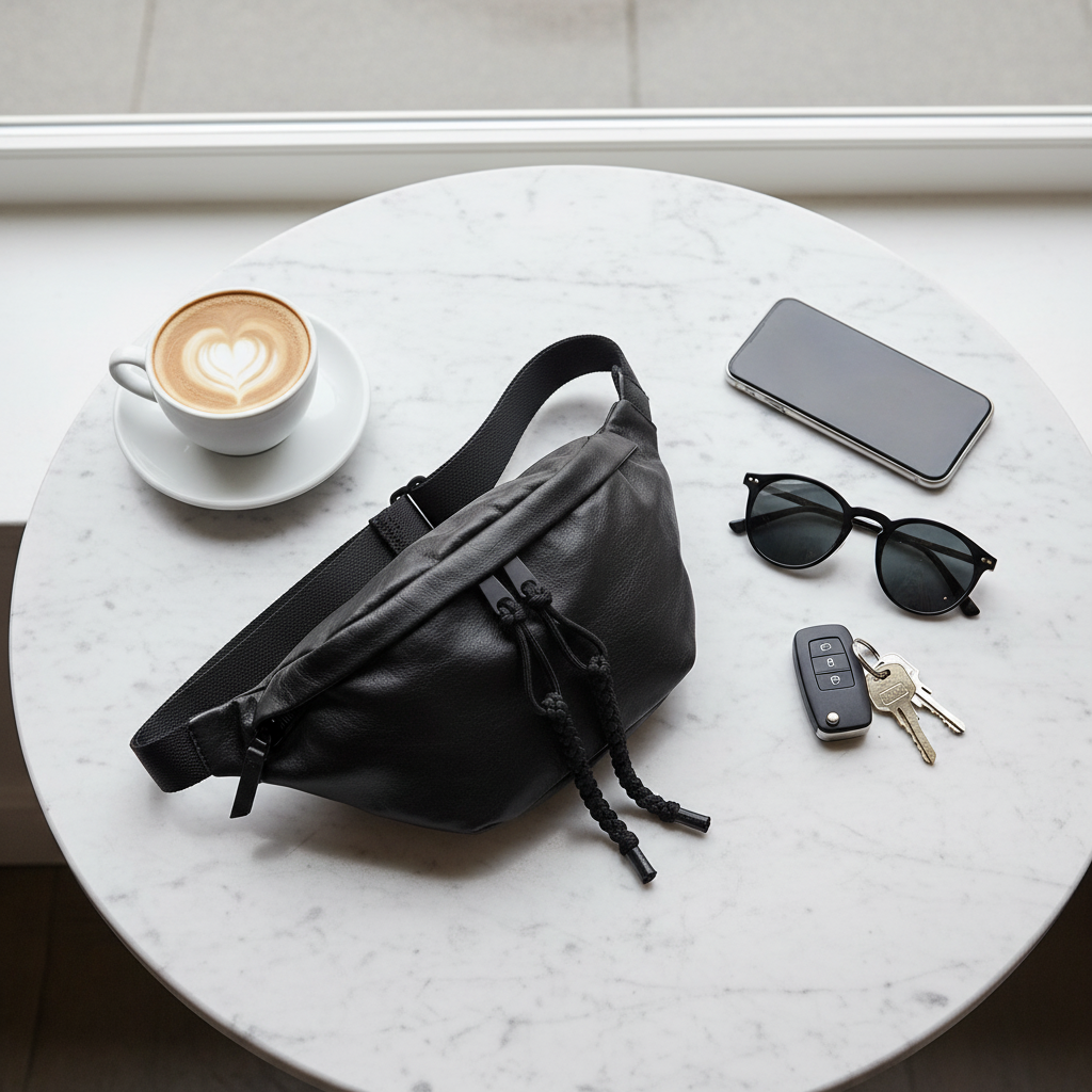 Flat lay du sac banane avec accessoires