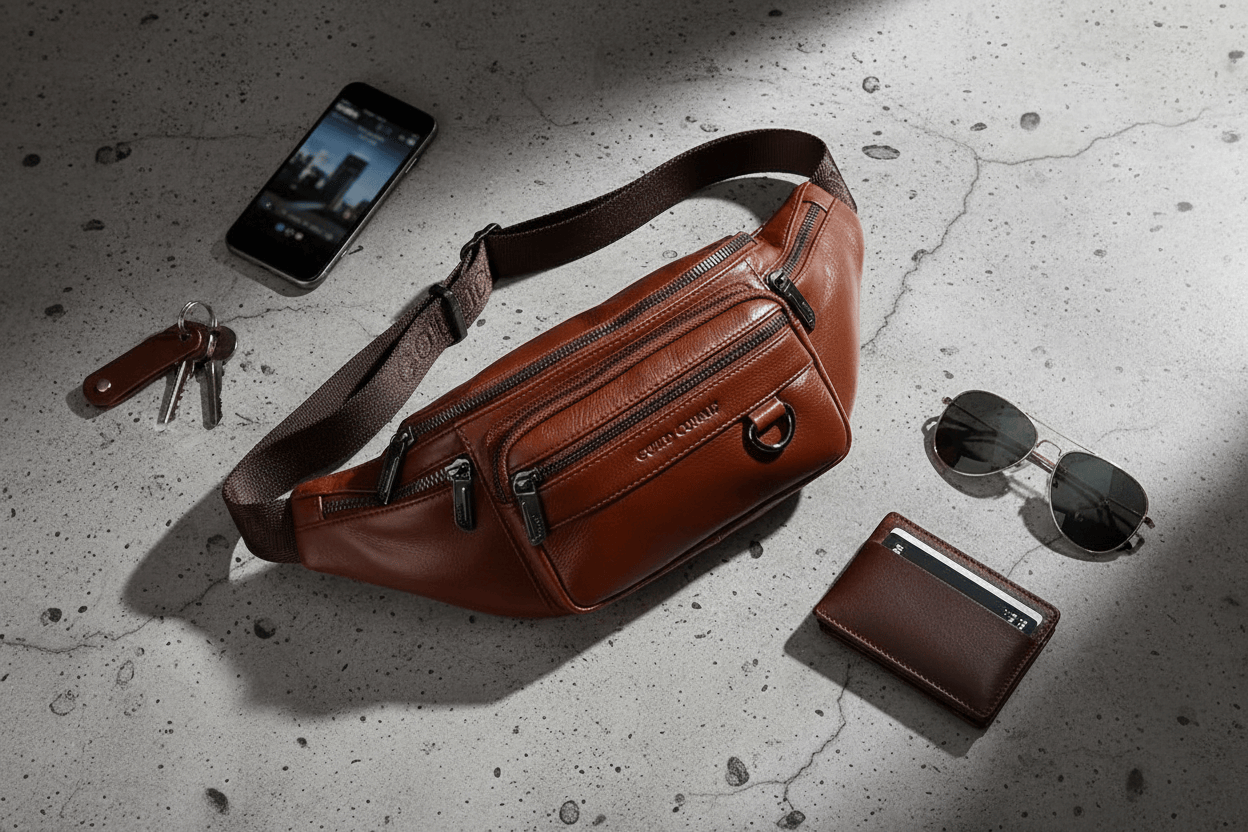 Flat lay du sac en cuir avec accessoires urbains